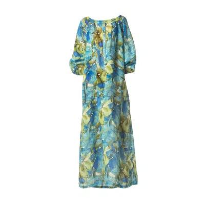 Haris Cotton Women's Raglan Sleeves Printed Gauze Kaftan Blue Forest
