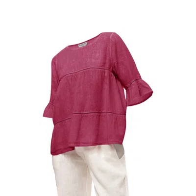 Haris Cotton Women's Red Guipure Lace Insert Flounce Sleeve Ruffle Hem Blouse Berry
