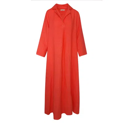 Haris Cotton Women's Red Maxi Linen Dress With Front Pleat And Lapels Strawberry