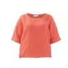 Haris Cotton Women's Red Round Neck Linen Blouse With Batwing Sleeve And Back Buttons Strawberry In Red