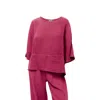 Haris Cotton Women's Red Round Neck Linen Blouse With Batwing Sleeve Berry In Red