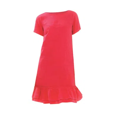 Haris Cotton Women's Red Ruffle Hem Linen Dress With Short Sleeves Strawberry