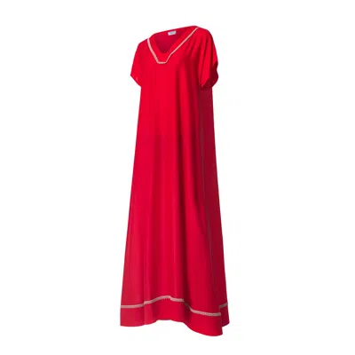 Haris Cotton Women's Red Short Sleeved Loose Maxi Voile Viscose Dress With Lace Details Magenta