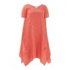 Haris Cotton Women's Red Solid Asymmetrical Hem Linen Dress With Front Pockets - Strawberry In Red