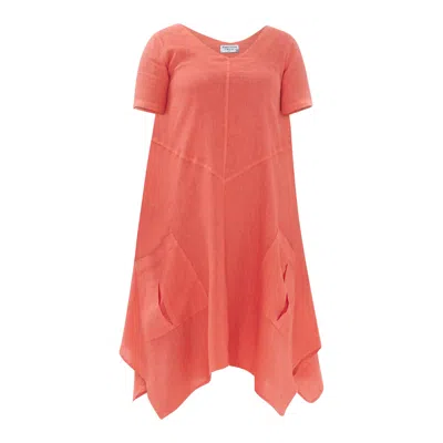 Haris Cotton Women's Red Solid Asymmetrical Hem Linen Dress With Front Pockets - Strawberry