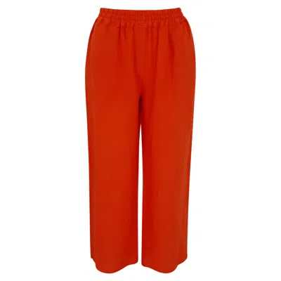 Haris Cotton Women's Red Solid Wide Leg Linen Pants With Slant Pocket - Coral Reef In Orange