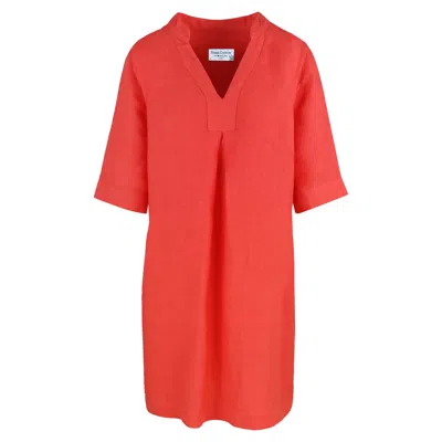 Haris Cotton Women's Red “v” Neck Line Linen Dress - Coral Reef