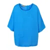 Haris Cotton Women's Round Neck Linen Blouse With Batwing Sleeve And Back Buttons Santorini Blue In Blue