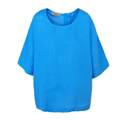 Haris Cotton Women's Round Neck Linen Blouse With Batwing Sleeve And Back Buttons Santorini Blue