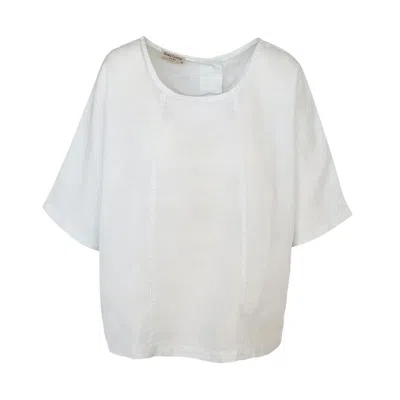 Haris Cotton Women's Round Neck Linen Blouse With Batwing Sleeve And Back Buttons White