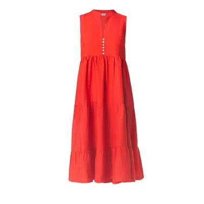 Haris Cotton Women's Sleeveless Linen Mandarin Neck Dress With Front Buttons Red