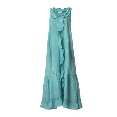 Haris Cotton Women's Sleeveless Maxi Embroidered Linen Gauze Dress With Frills Crystal Blue-silver