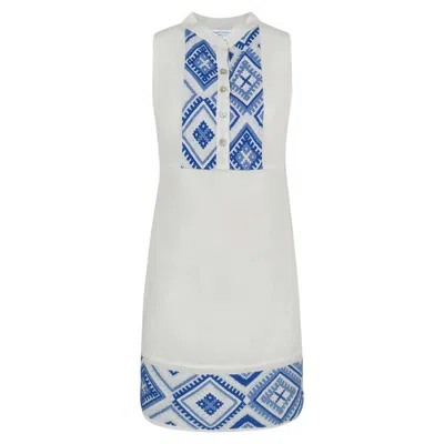 Haris Cotton Women's Sleeveless Mini Linen Dress With Embroidered Panels-white Lapis