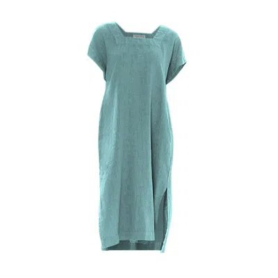 Haris Cotton Women's Smock Linen Dress With Split Hem Crystal Blue