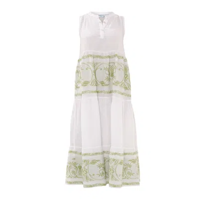 Haris Cotton Women's Smock Maxi Linen Dress With Embroidered Cotton Details And Ruffles White Avocado
