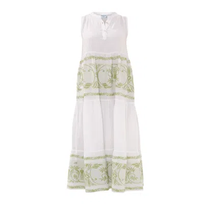 Haris Cotton Women's Smock Maxi Linen Dress With Embroidered Cotton Details White - Avocado