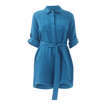 Haris Cotton Women's Solid Belted Linen Shirt Romper - Aegean Blue