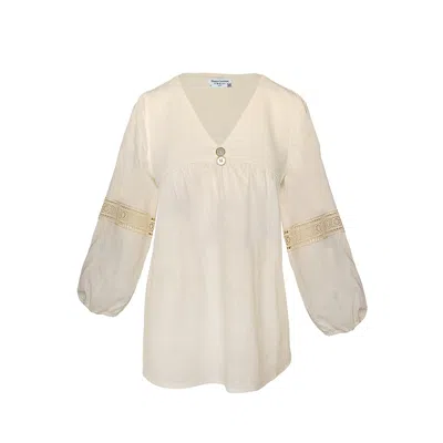 Haris Cotton Women's Solid Linen Blend Blouse With Ballon Sleeves And Lace - Off White