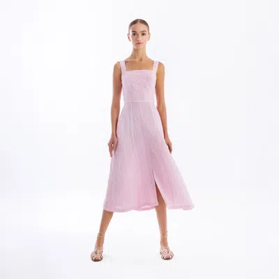 Haris Cotton Women's Square Neck Striped Linen Tie Back Dress With Front Slit Pink Silver