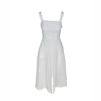 Haris Cotton Women's Square Neck Striped Linen Tie Back Dress With Front Slit White Silver