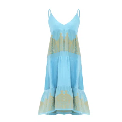 Haris Cotton Women's Tank Linen Dress With Embroidered Cotton Ruffles Island Green Gold In Blue