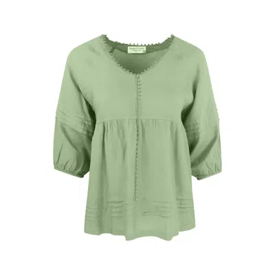 Haris Cotton Women's “v” Neck Linen Long Sleeved Blouse - Grecian Green
