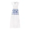 Haris Cotton Women's V Neck Maxi Linen Dress With Ruffle Hem And Embroidered Cotton Panel - White Lapis In White