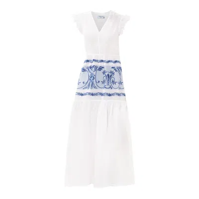 Haris Cotton Women's V Neck Maxi Linen Dress With Ruffle Hem And Embroidered Cotton Panel - White Lapis
