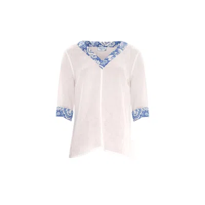 Haris Cotton Women's V Neckline Linen Blouse With Printed Details White Floral Blue