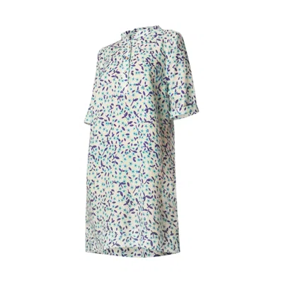 Haris Cotton Women's Blue / White Button Front Printed Linen Dress With Mandarin Neck  Blue Starflowers In White/blue