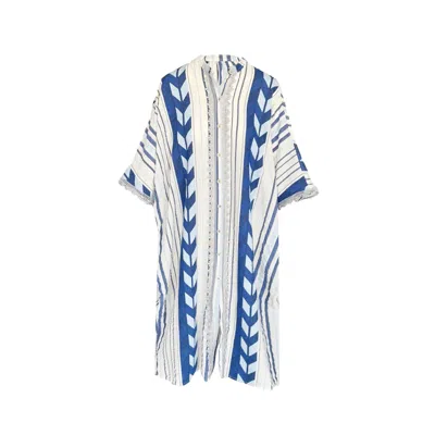 Haris Cotton Women's White / Blue Lace Insert Button-down Embroidered Cotton Kaftan Blue Arrow In Multi