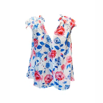 Haris Cotton Women's White / Blue / Pink Ruffled Sleeve Cups Printed Silk Blend Blouse Blue Wild Rose In Multi