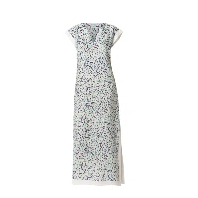 Haris Cotton Women's Blue / White Printed Linen Maxi Dress With Slits And White Details Blue Starflowers In White/blue