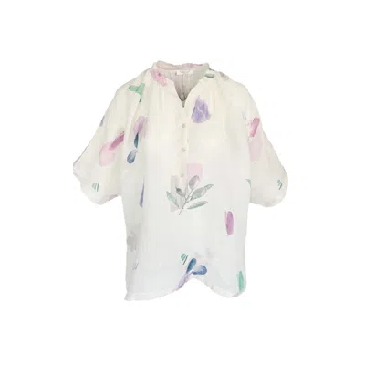 Haris Cotton Women's White / Blue / Purple Printed Linen Gauze Button Front Blouse With Balloon Sleeves Purple Ol