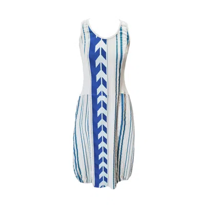 Haris Cotton Women's White / Blue Tank Balloon Cotton Embroidered Dress With Rib Details In Multi