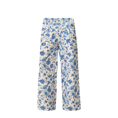 Haris Cotton Women's Blue / White Wide Leg Printed Linen Blend Pants Blue Birds In White/blue
