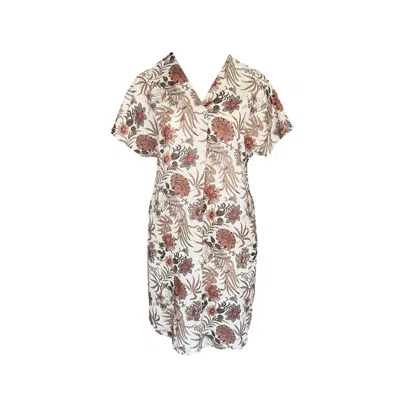 Haris Cotton Women's White / Brown / Green Printed Linen Blend Curve Dress White Garden