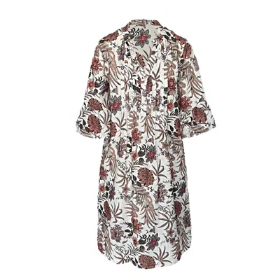 Haris Cotton Women's White / Green / Brown Printed Dress In Rayon Linen Blend With Pintucks And Ruffled Sleeves W In Gray