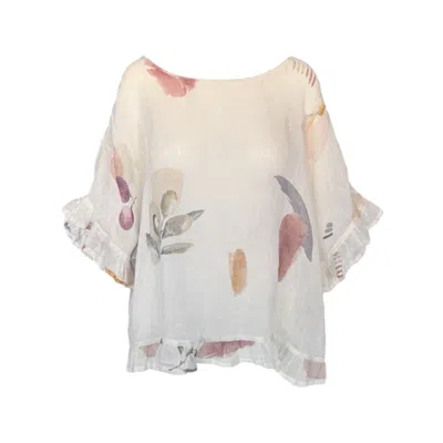 Haris Cotton Women's White / Green / Brown Printed Linen Gauze Blouse With Ruffles Ecru Olive Garden In Multi