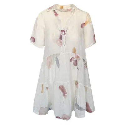 Haris Cotton Women's White / Green Mini Printed Gauze Dress With Front Buttons Ecru Olive Garden