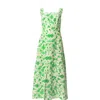Haris Cotton Women's Green / White Square Neck Printed Linen Blend Tie Back Dress With Front Slit Green Birds In White/green