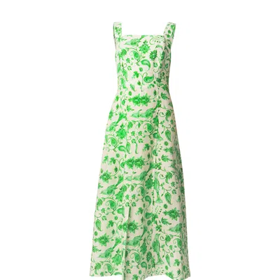 Haris Cotton Women's Green / White Square Neck Printed Linen Blend Tie Back Dress With Front Slit Green Birds In White/green