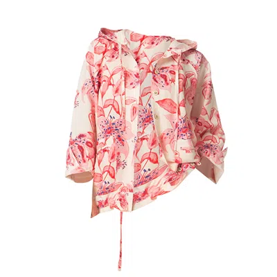 Haris Cotton Women's White Linen Blend Hooded Jacket With Drawstrings Red Lillies