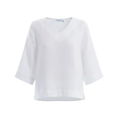 Haris Cotton Women's White Linen Long Sleeve Blouse With V-neckline