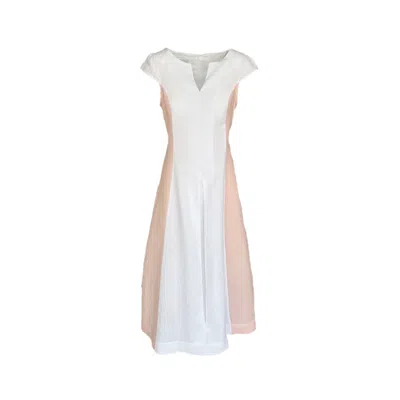 Haris Cotton Women's White / Pink Two Colored Linen Maxi Dress With Cup Sleeves And Front Pleat White Pink In Multi