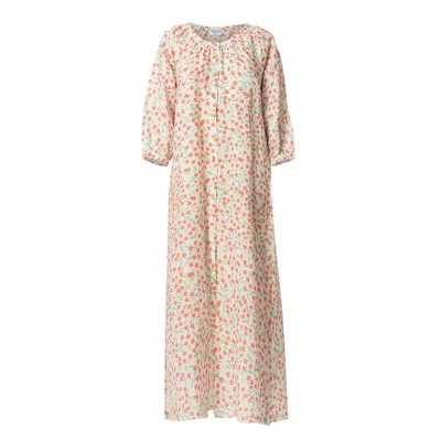 Haris Cotton Women's White Raglan Sleeve Printed Linen Maxi Dress With Front Buttons Red Starflowers