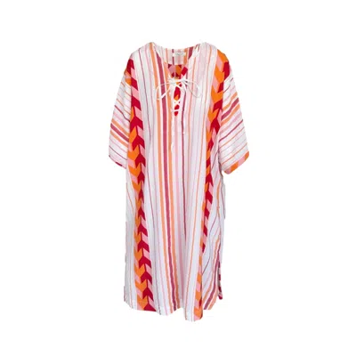 Haris Cotton Women's White / Red / Orange Embroidered Cotton Kaftan With Drawstring Details Red Arrow In Multi