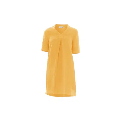Haris Cotton Women's Yellow / Orange Knee Length Linen Dress With Notched Neckline Crocus In Yellow/orange