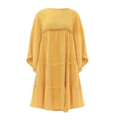 Haris Cotton Women's Yellow / Orange Lace Insert Linen Dress With Flutter Sleeve And Ruffles - Crocus