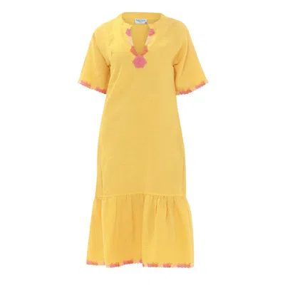 Haris Cotton Women's Yellow / Orange Lace Insert Midi Linen Dress  With Ruffle Hem Crocus -fuchsia In Yellow/orange